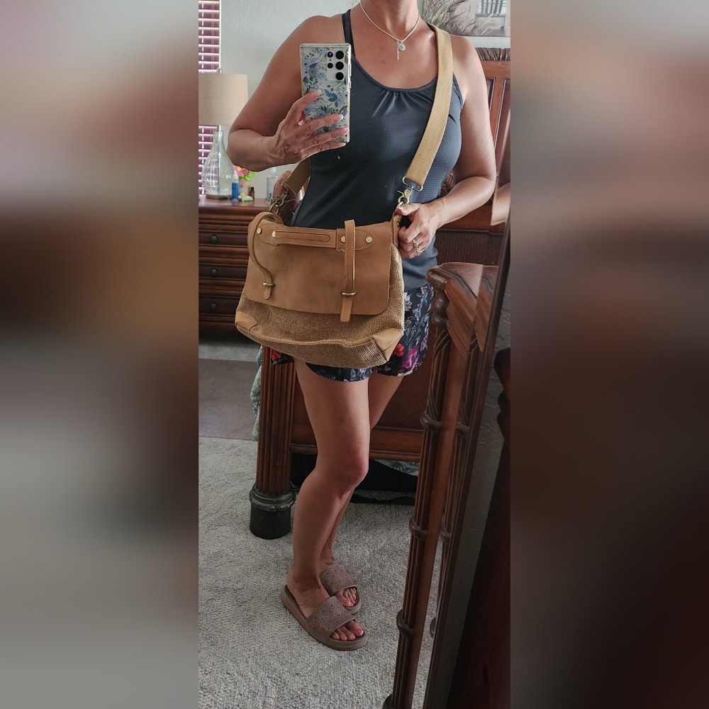 Anthropology Jesslyn Blake tan burlap canvas sparkle leather crossbody bag - Picture 5 of 9